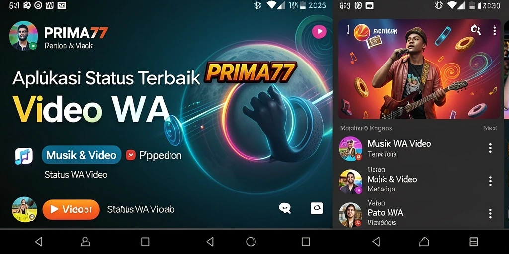 Antarmuka aplikasi PRIMA77 dengan berbagai pilihan video status WA.